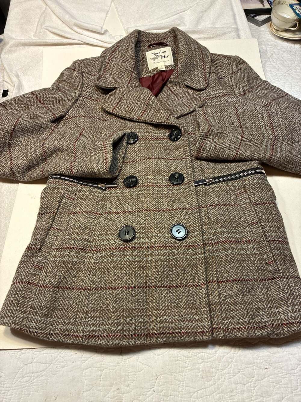 Maralyn & Me Double Breasted Peacoat Size M Brown Plaid Tweed